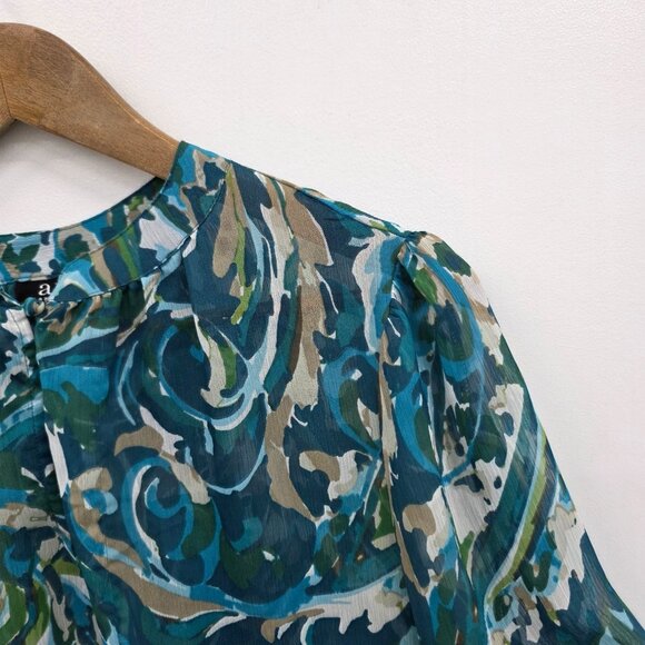 Womens PL Blue Green Sheer Blouse Ruffle Hem Smocked Boho Lightweight Top - Picture 11 of 15